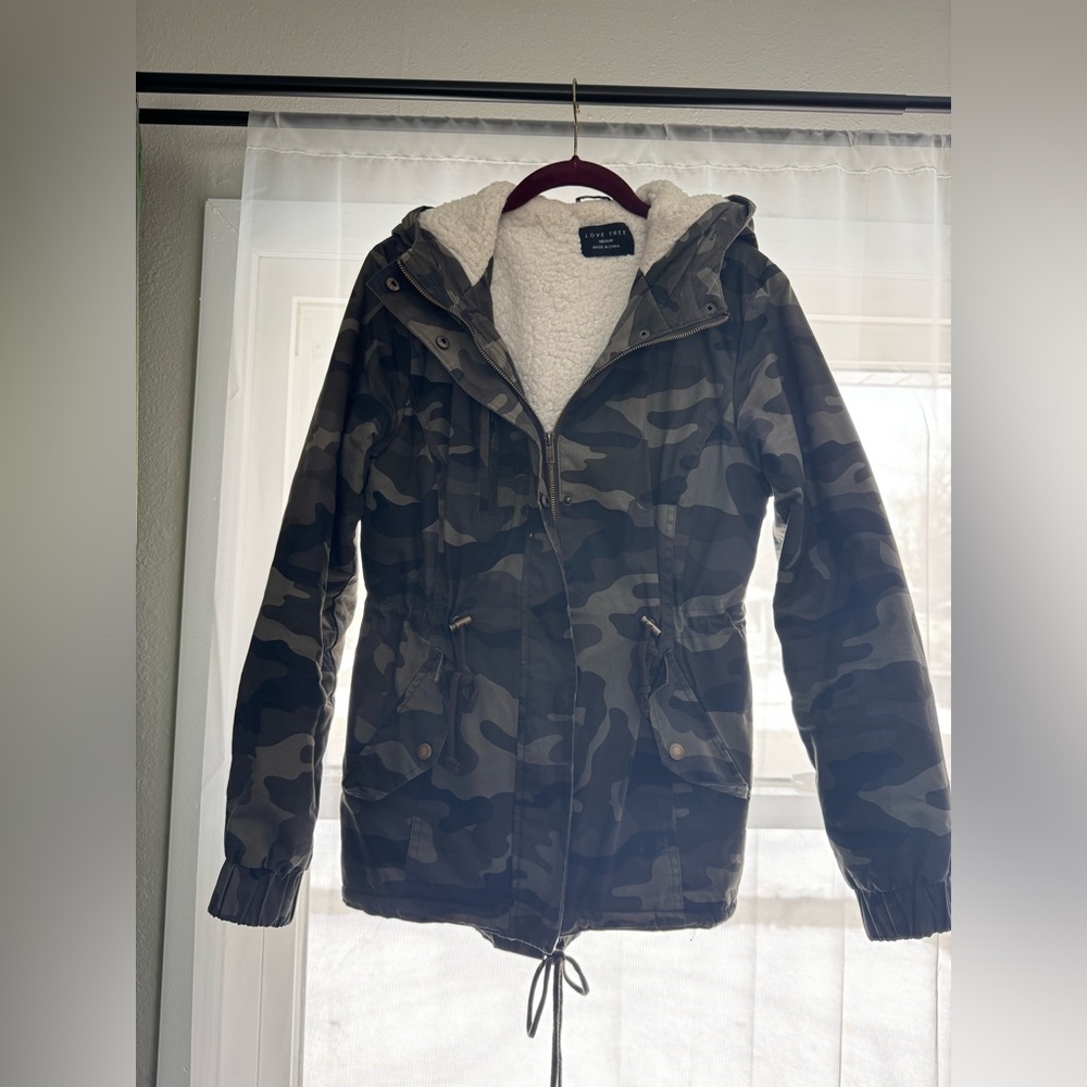 Camo Hooded Jacket with Sherpa Lining